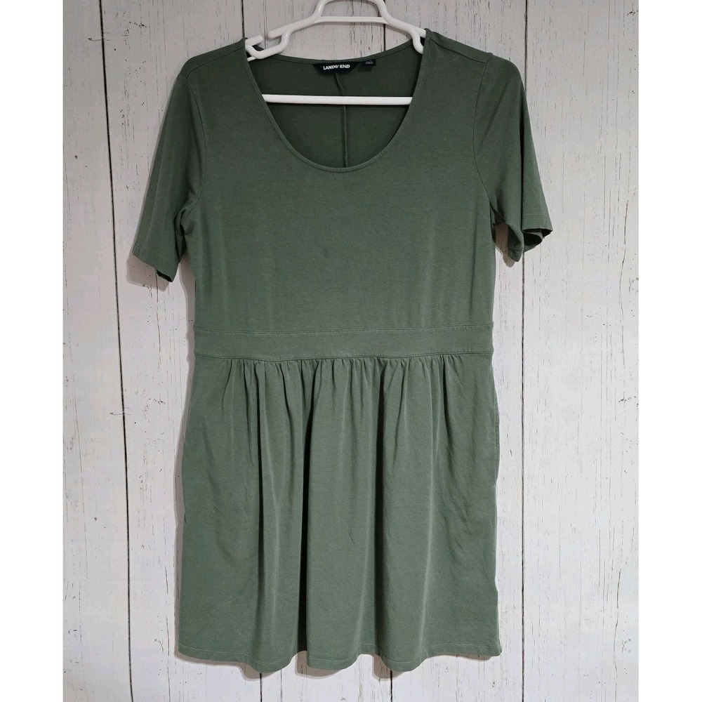 Lands End Dress Women Size L 14/16 Green Stretch Short Sleeve Scoop Neck Pockets